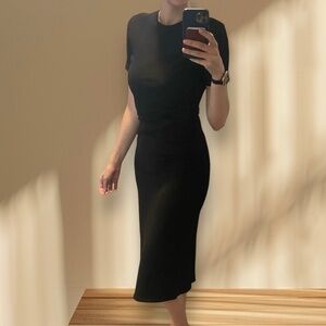 Zara Black Ribbed Dress Bodycon Short Sleeve Crewneck Midi - Size Medium